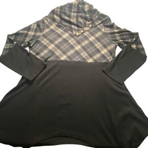 Miusey Women Plaid Cowl Neck Tunic Top Long Sleeve Button Trim Black Gray 2XL
